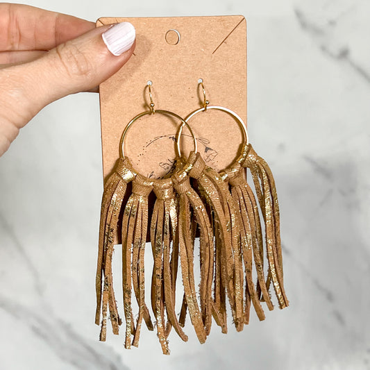 Golden Fringe Leather Hoops