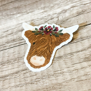 Highland Cow & Flower Crown Vinyl Sticker