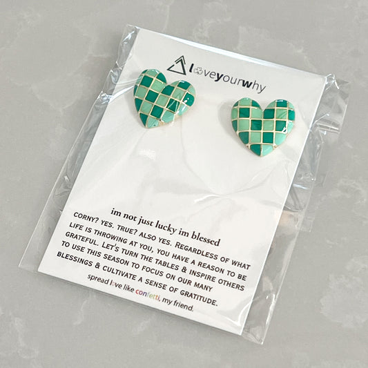 Kelly Green Checkered Heart Earrings