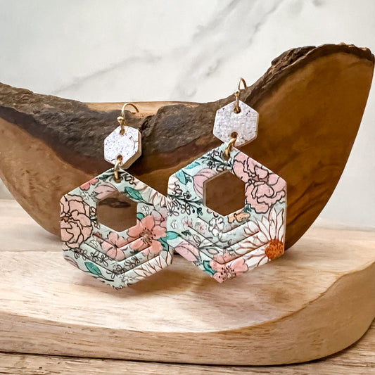 Floral Hexy Dangle Embossed Earrings