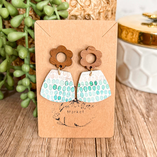 Mint Doodle Dot Wood Flower Earrings