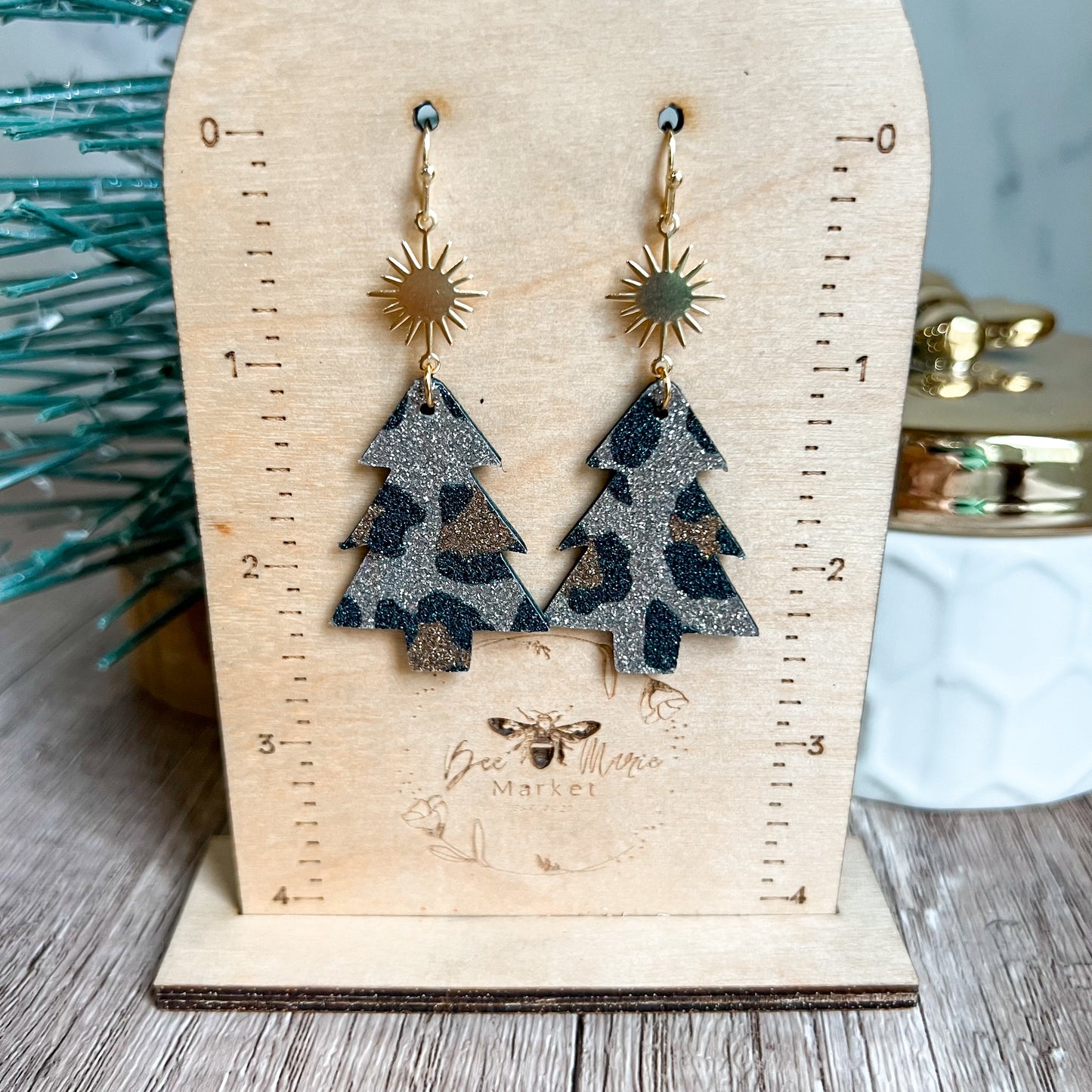 Animal Print Glitter Starburst Christmas Tree Earrings