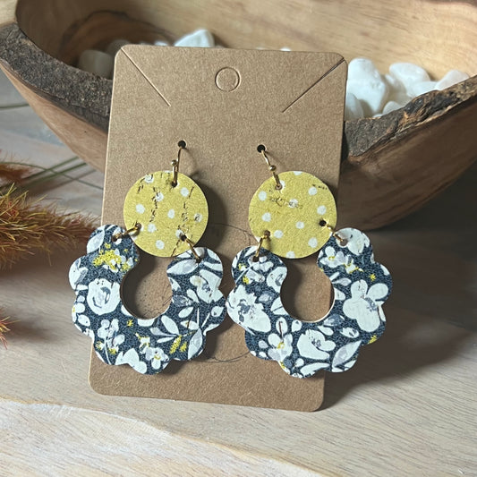 Navy Poppies & Yellow Polka Dot Scalloped Leather Earrings