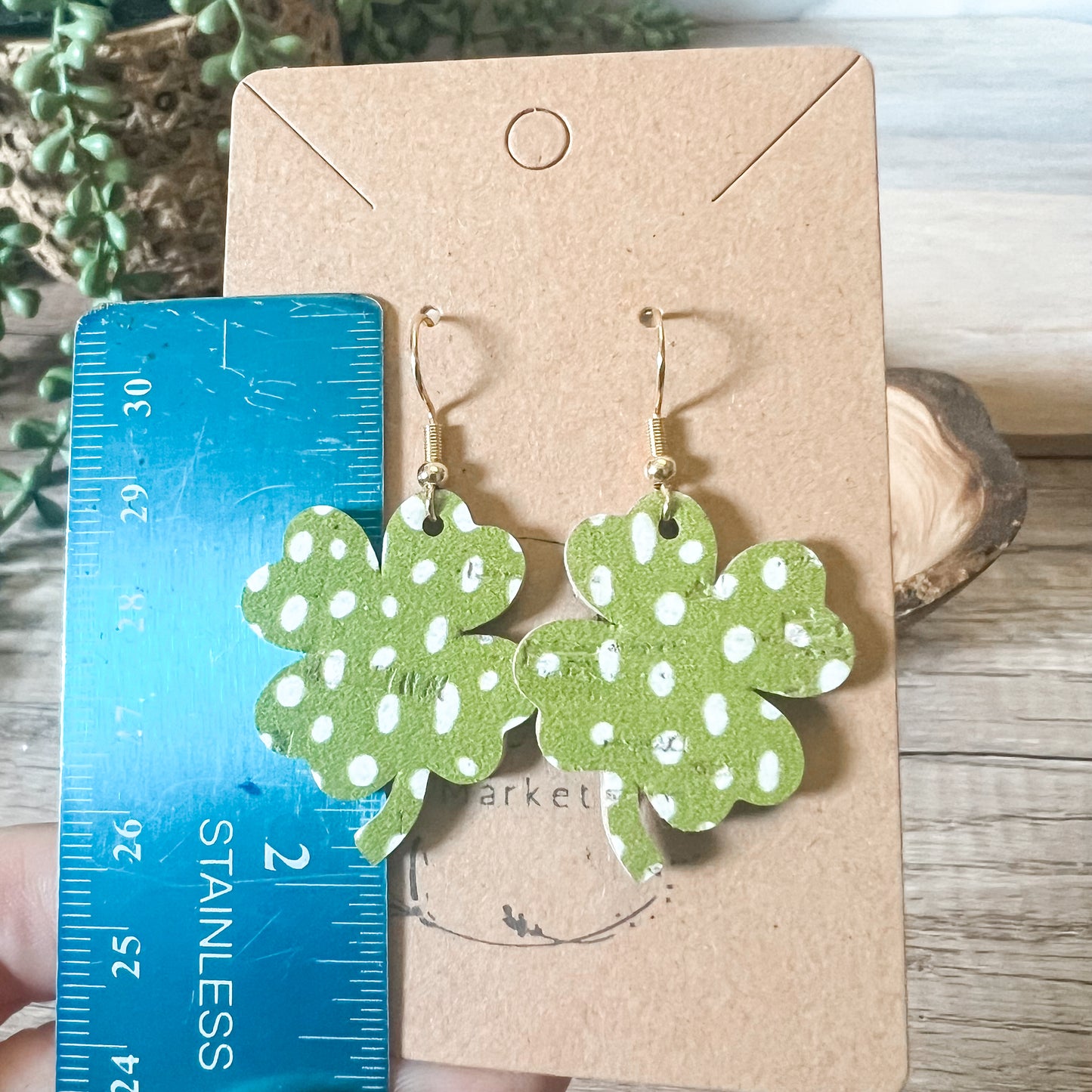 Olive Green Doodle Dot Shamrock Earrings