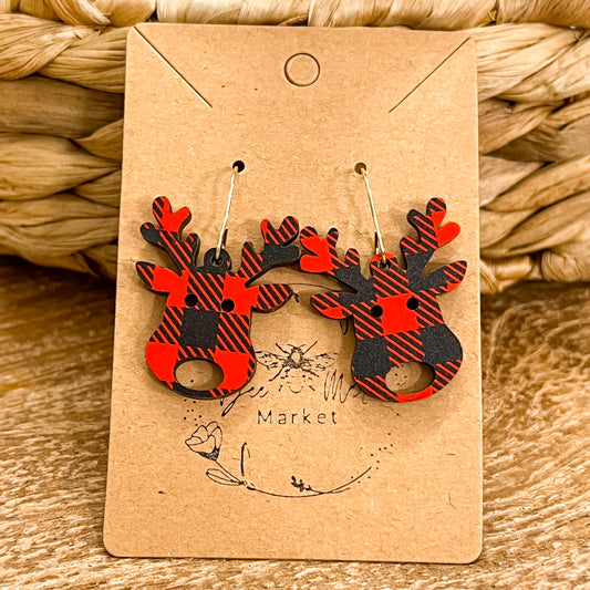 Buffalo Plaid Reindeer Earrings
