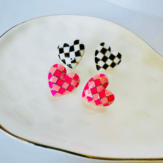 Pink Checkered Heart Earrings