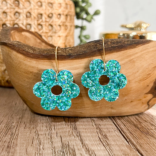 Teal Glitter Flower Earrings