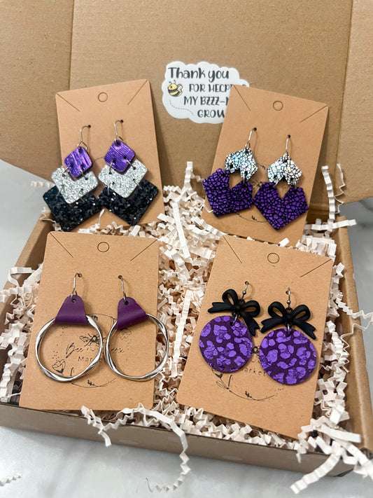 Purple Leopard & Black Bow Round Earrings