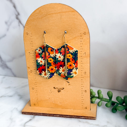 Autumn Garden Floral Gold Bar Earrings