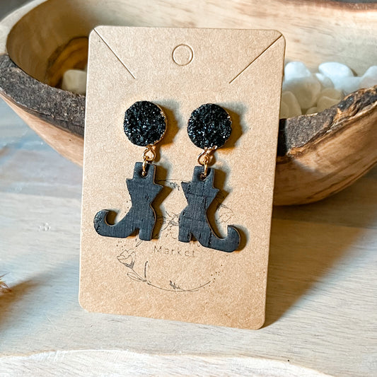 Black Druzy Witch Leather Boot Earrings