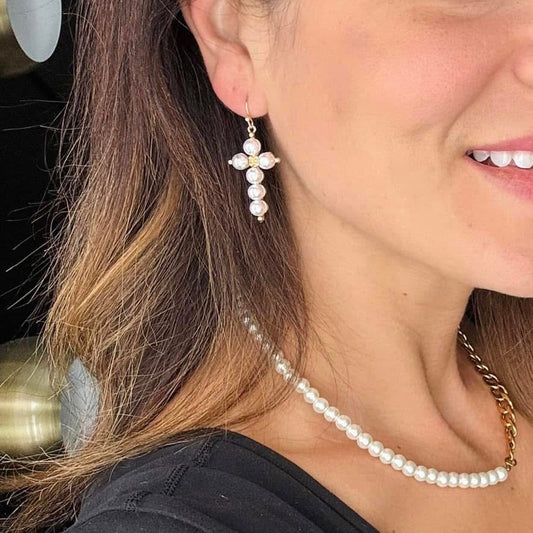 Like Jesus Pearl Cross Earrings
