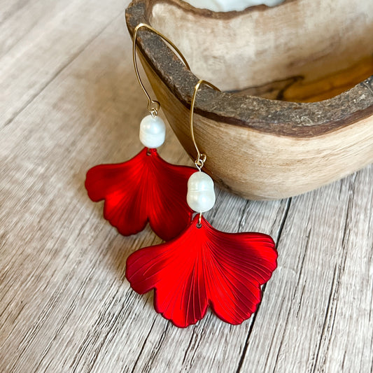 Brittney Red Leaf Pearl Drop Earrings