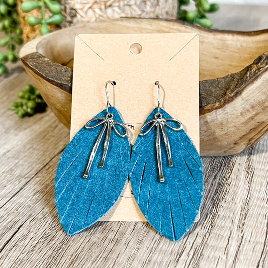 Fall Fringe Bow Leaf Earrings - Teal & Silver