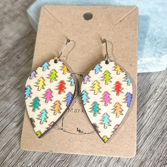 Colorful Forest Tree Earrings – Hand Painted Wood