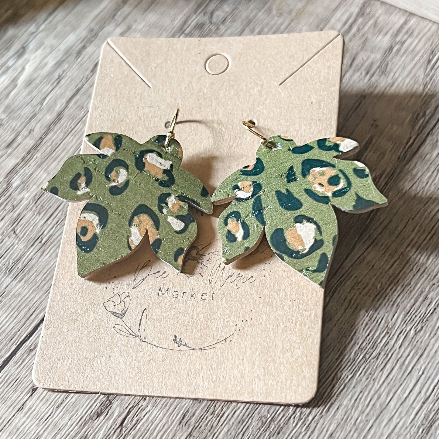 Olive Leopard Spot Leaf Earrings