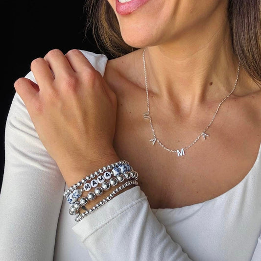 Mama Blue & White Silver Beaded Stacked Bracelet Set