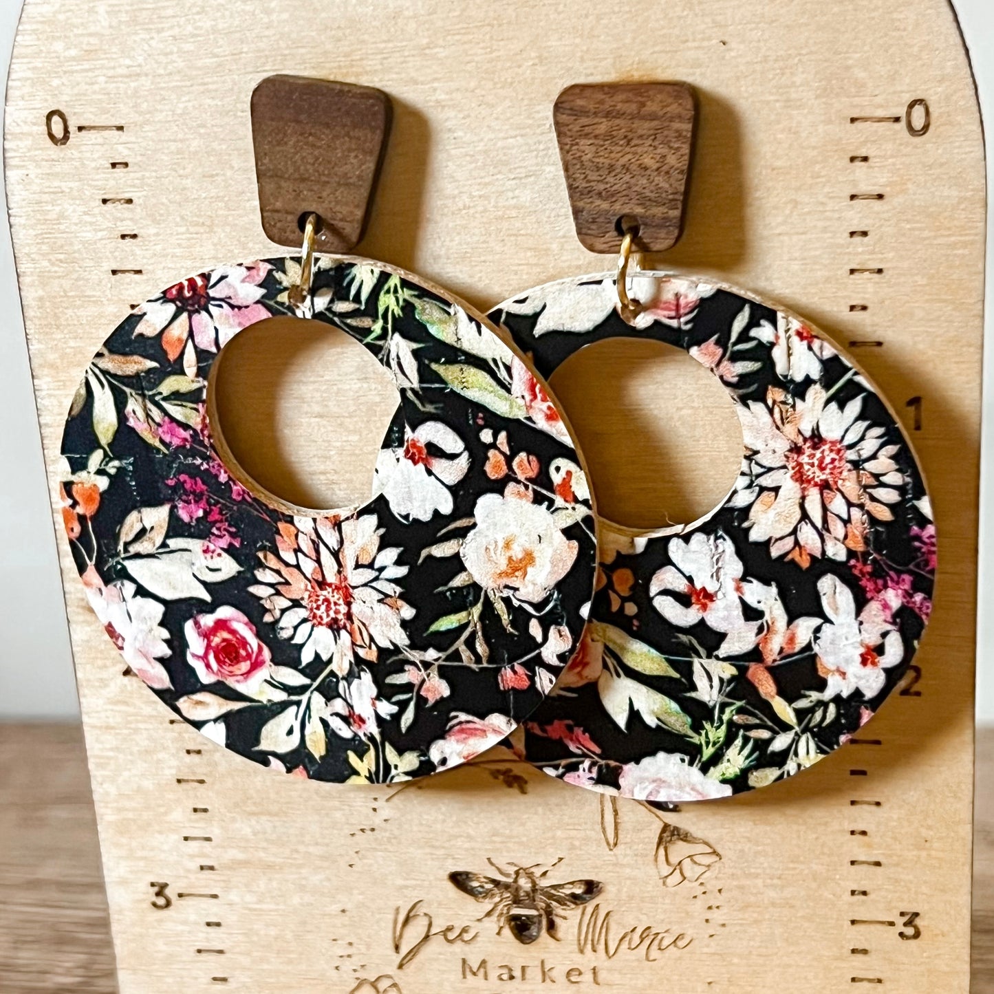 Black Floral FB Leather Hoops