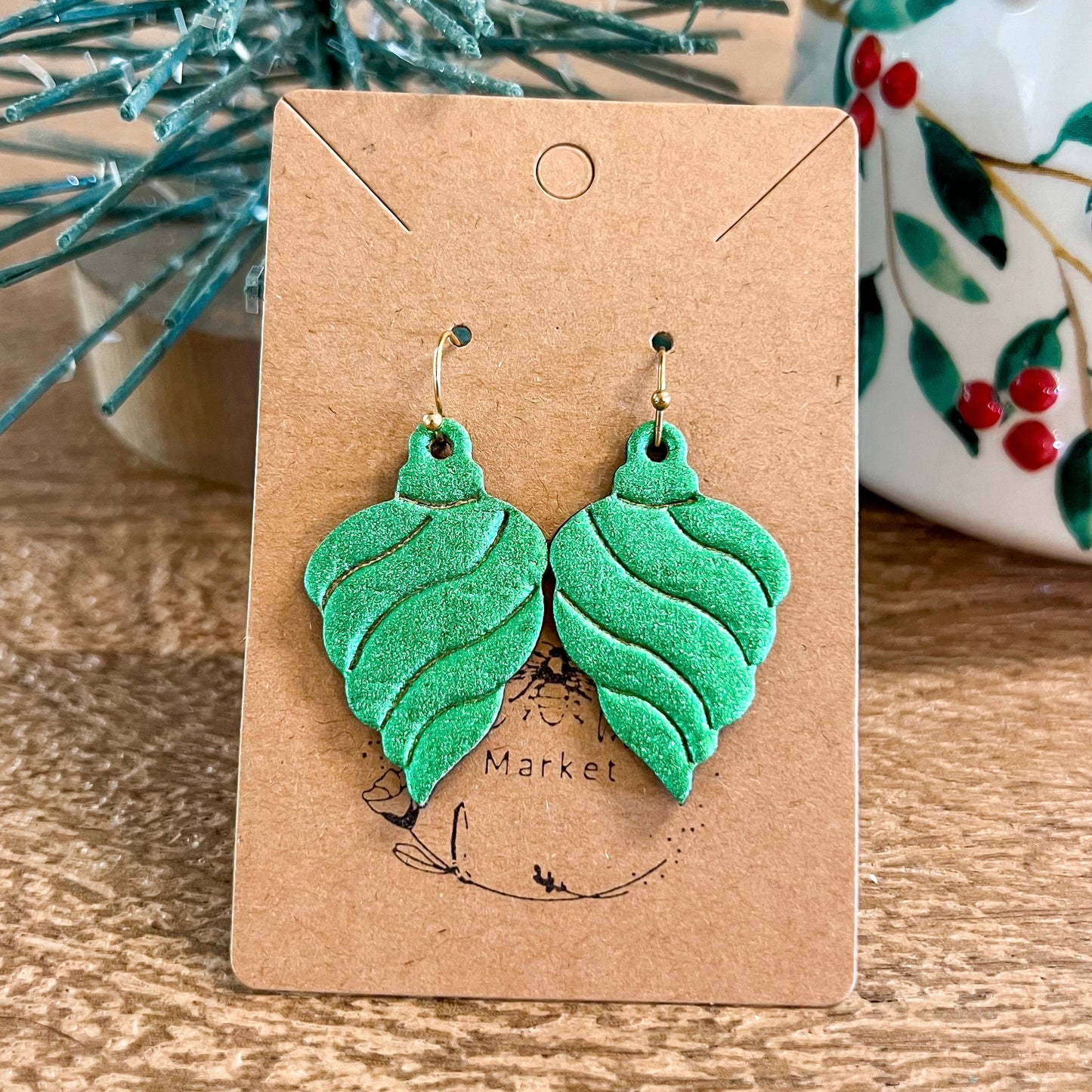 Green Swirl Embossed Ornament Earrings