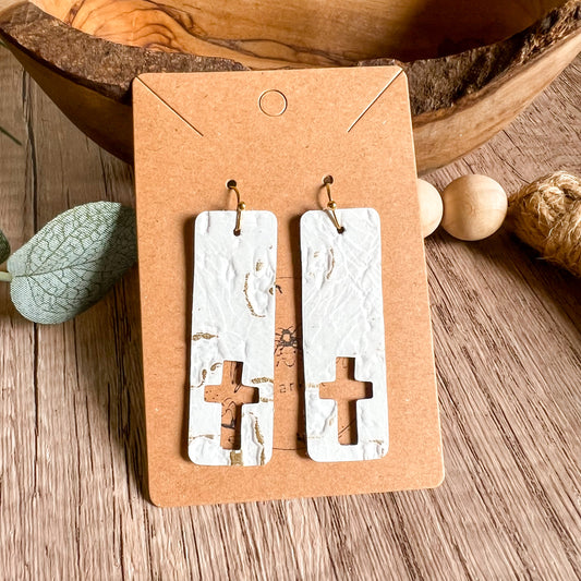 White Cutout Cross Bar Earrings