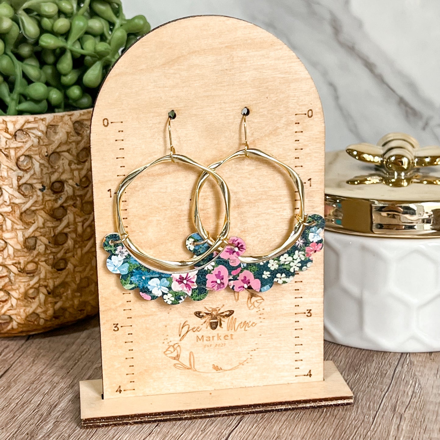 Floral Genuine Leather Ruffle Hoop Earrings