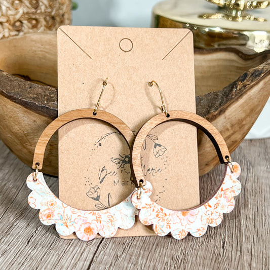 Pink & Coral Floral Genuine Leather Ruffle Arch Earrings
