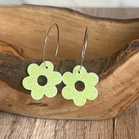 Neon Lime Glitter Flower Hoops