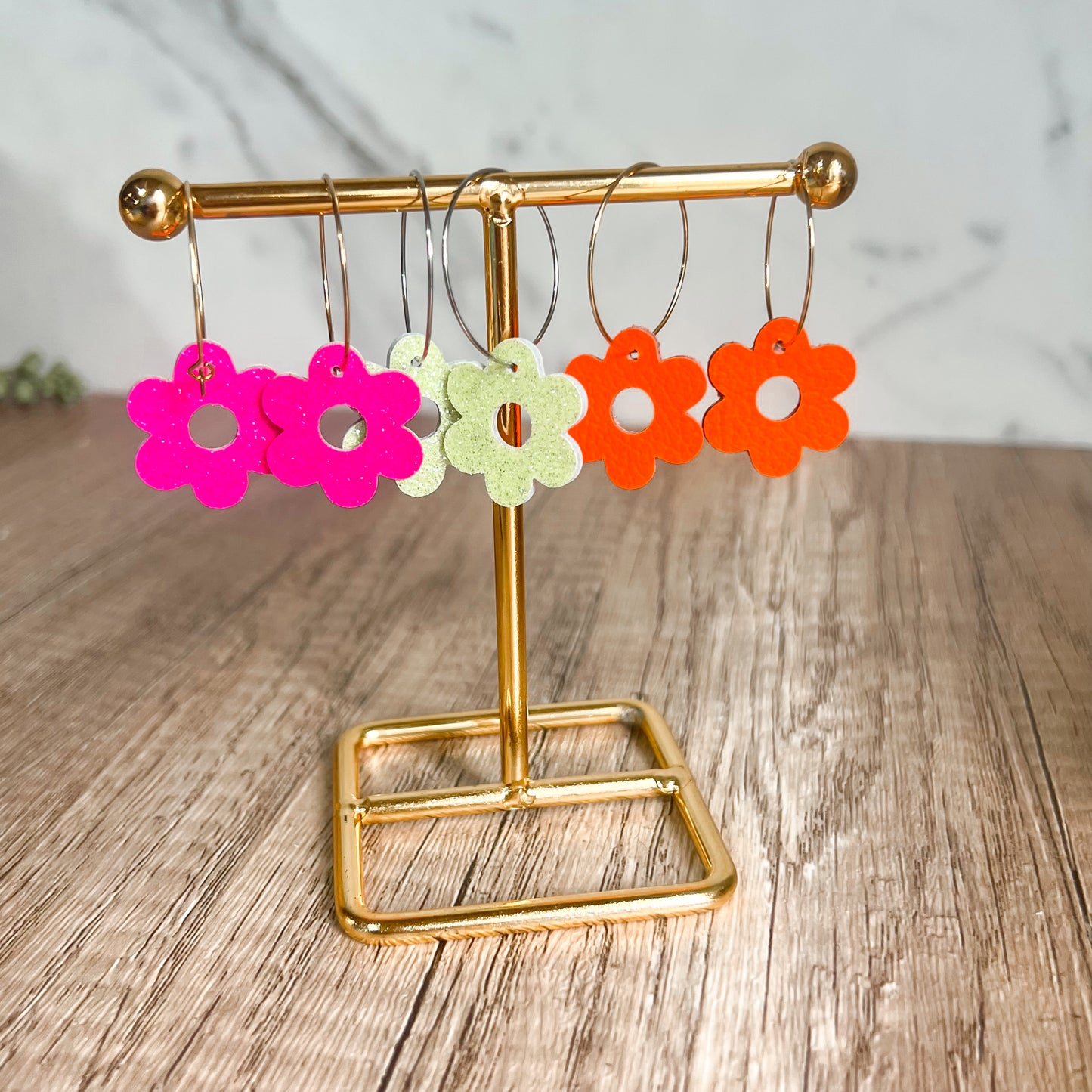 Neon Pink Glitter Flower Hoops