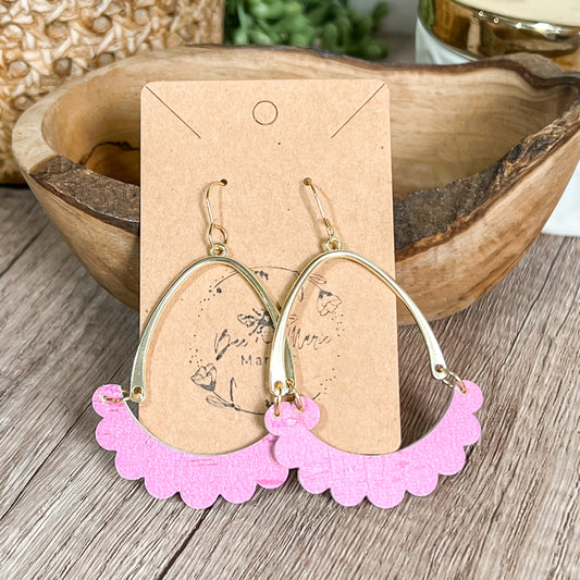 Pink Genuine Leather Ruffle Twisted Hoop Earrings