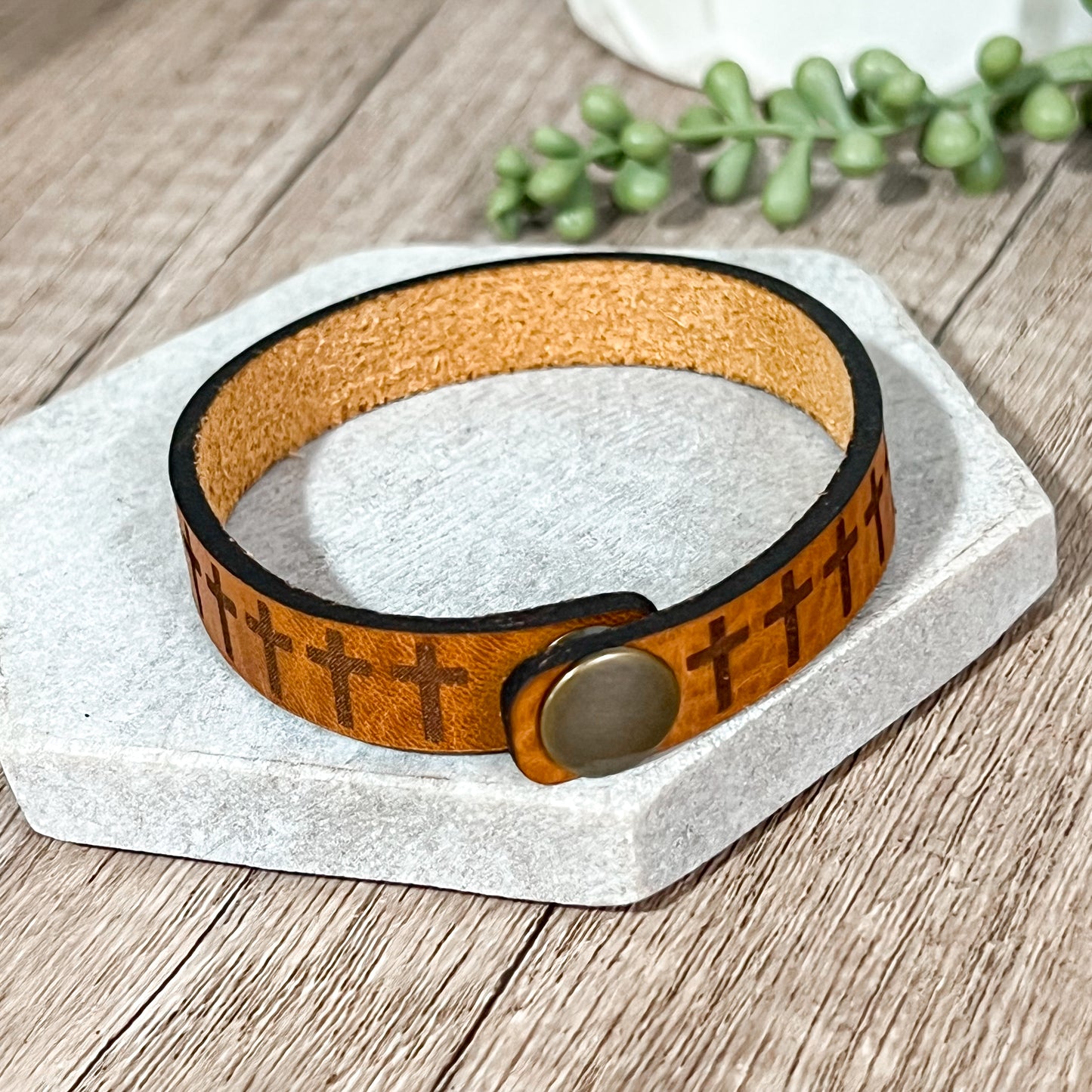 Row of Crosses Leather Bracelet