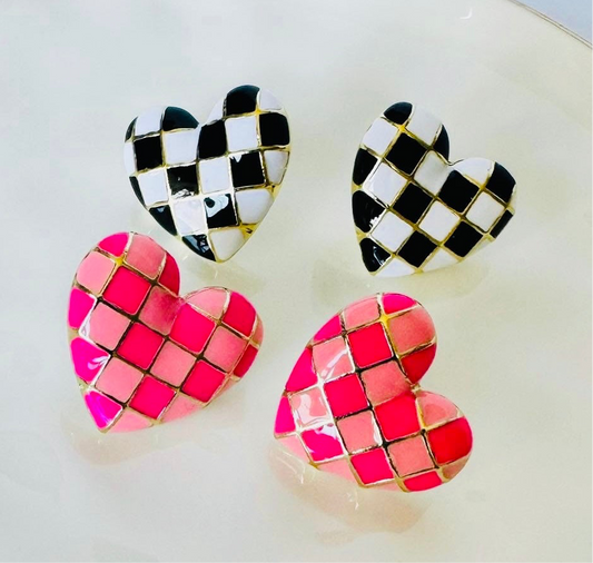 Black & White Checkered Heart Earrings