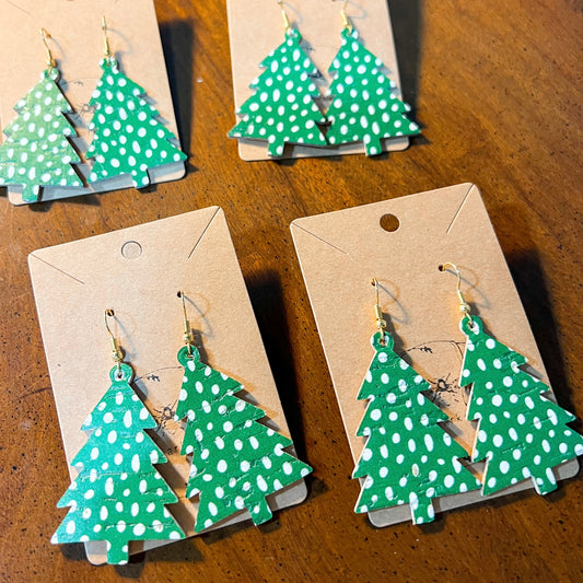 Green Doodle Dot Christmas Tree Earrings
