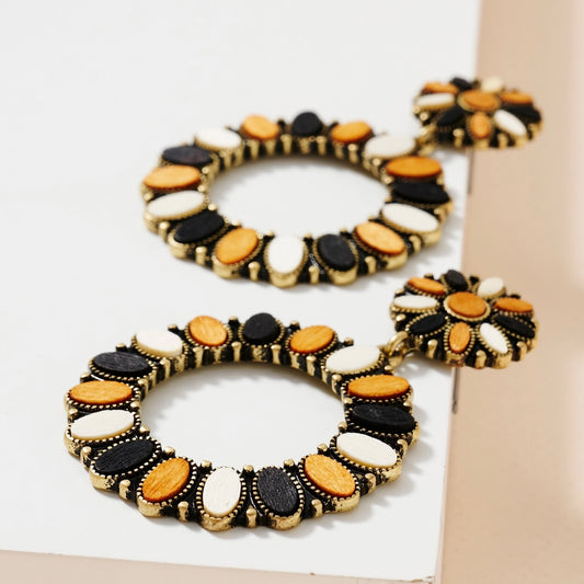 Neutral Wood Beaded Dangle Hoops