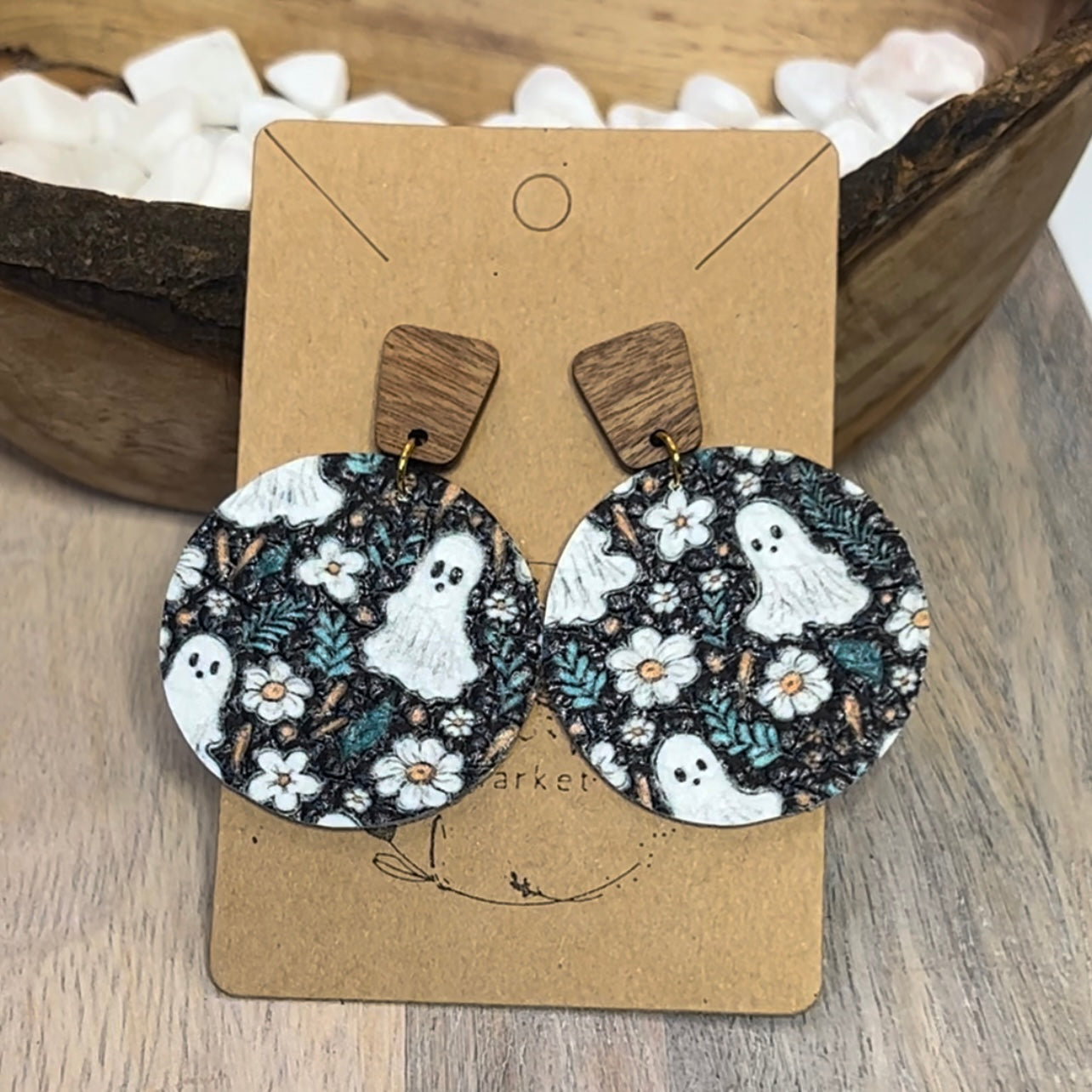 Ghost & Flowers Round Leather Drop Earrings