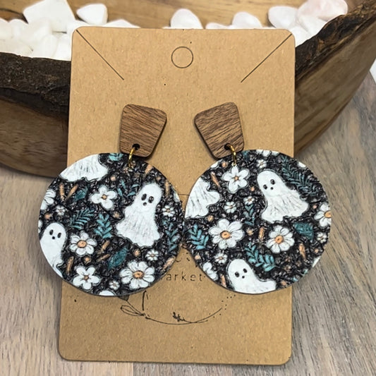 Ghost & Flowers Round Leather Drop Earrings