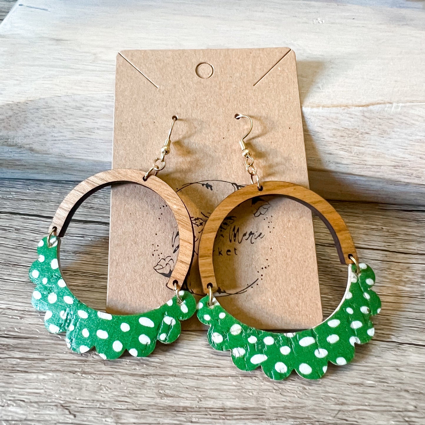 Green Polka Dot Genuine Leather Ruffle Arch Earrings