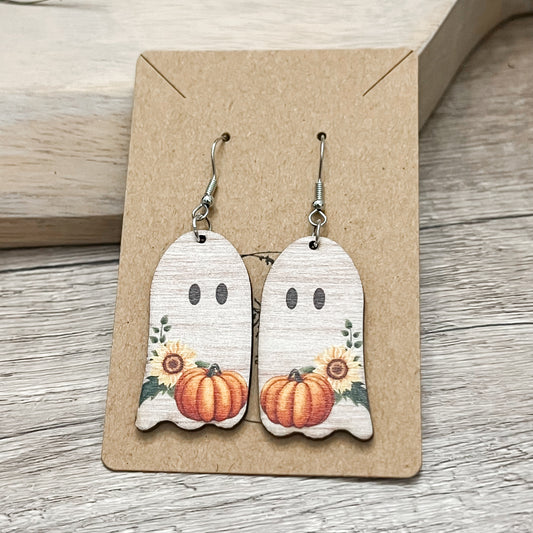 Friendly Pumpkin Ghost Wood Earrings