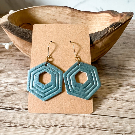 Pearlized Steel Teal Hexy Dangle Embossed Earrings