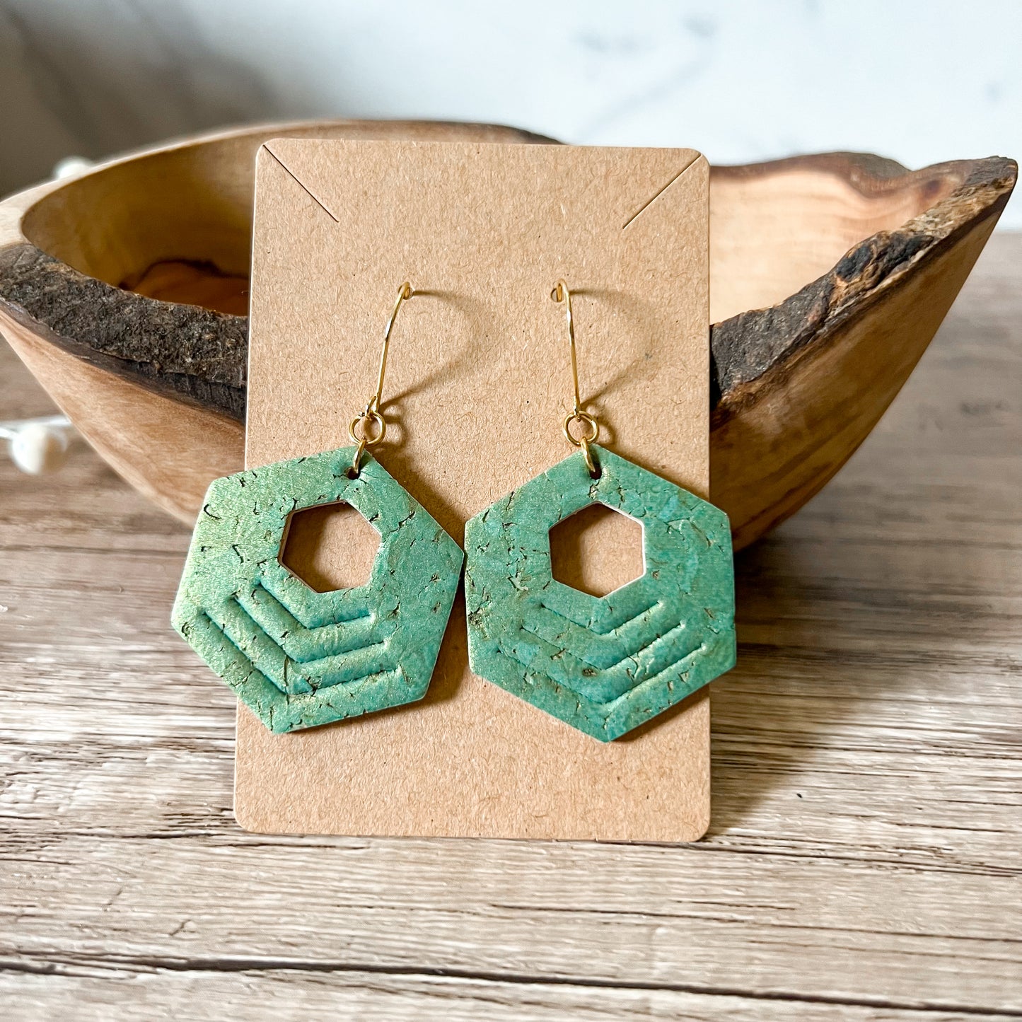 Pearlized Emerald Hexy Dangle Embossed Earrings