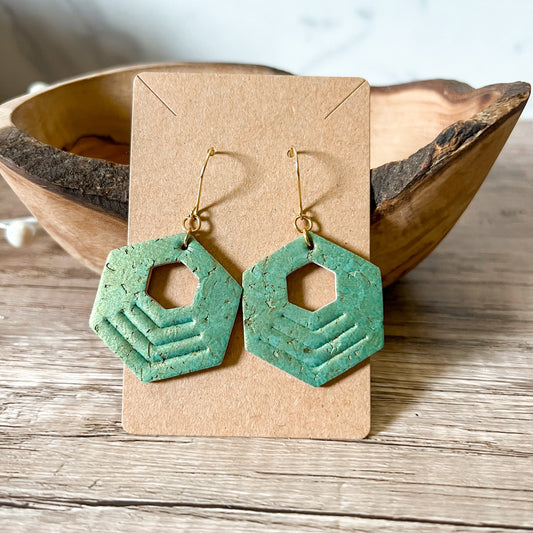 Pearlized Emerald Hexy Dangle Embossed Earrings