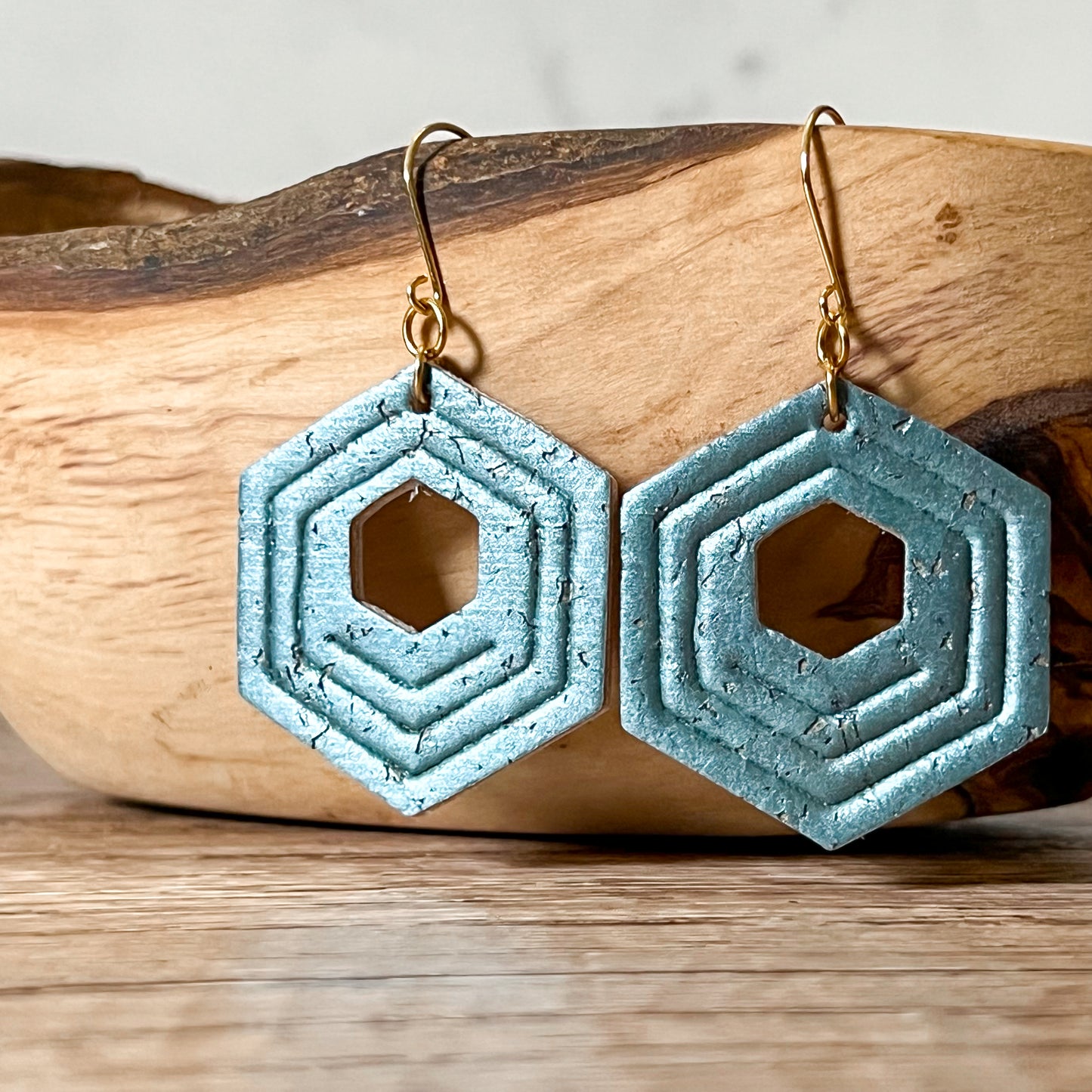 Pearlized Steel Teal Hexy Dangle Embossed Earrings