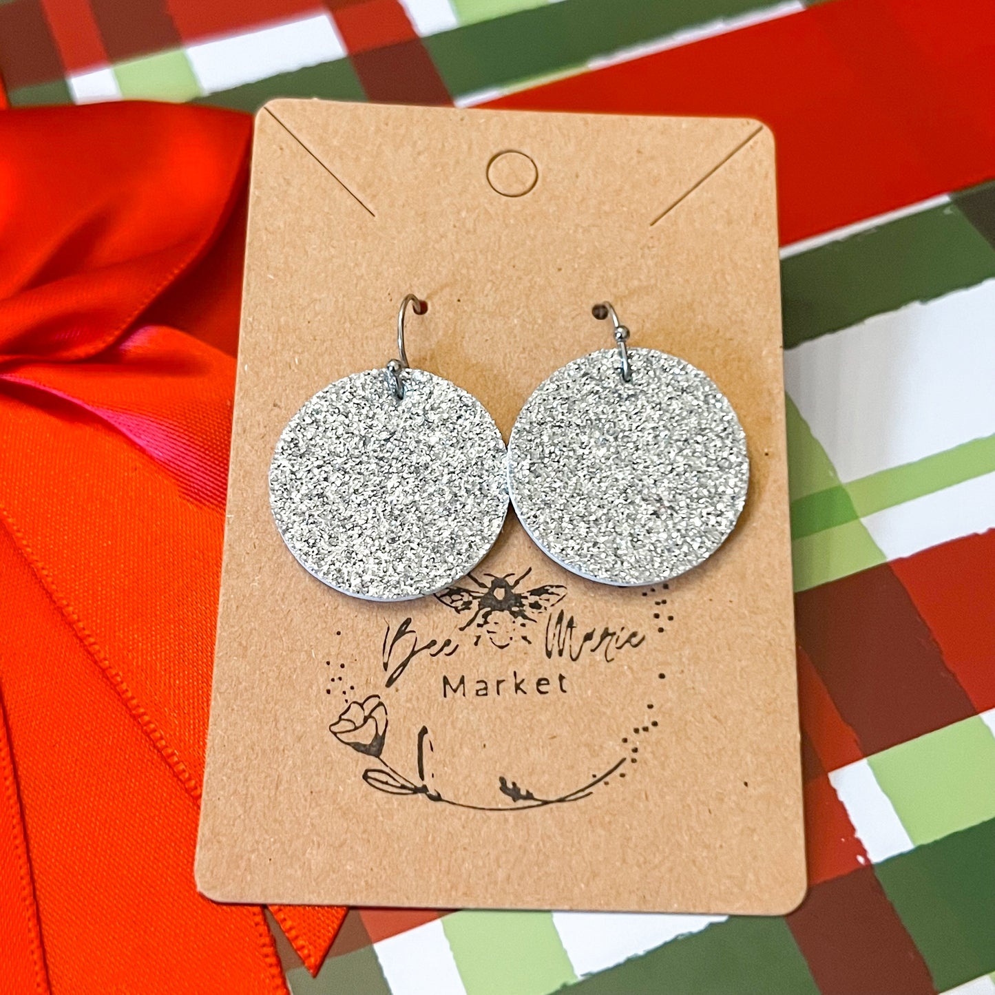 Silver Glitter Genuine Leather Round Earrings