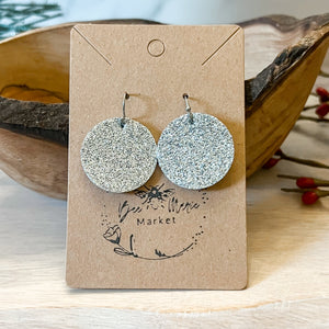 Silver Glitter Genuine Leather Round Earrings