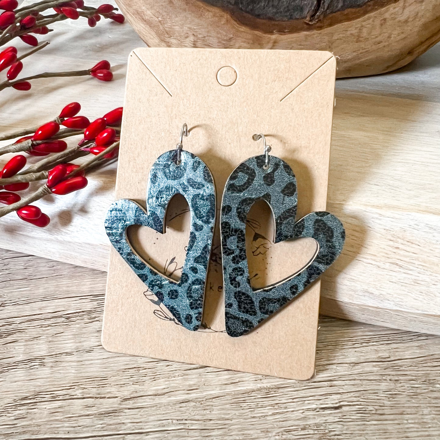 Carlette Black Leopard Heart Earrings