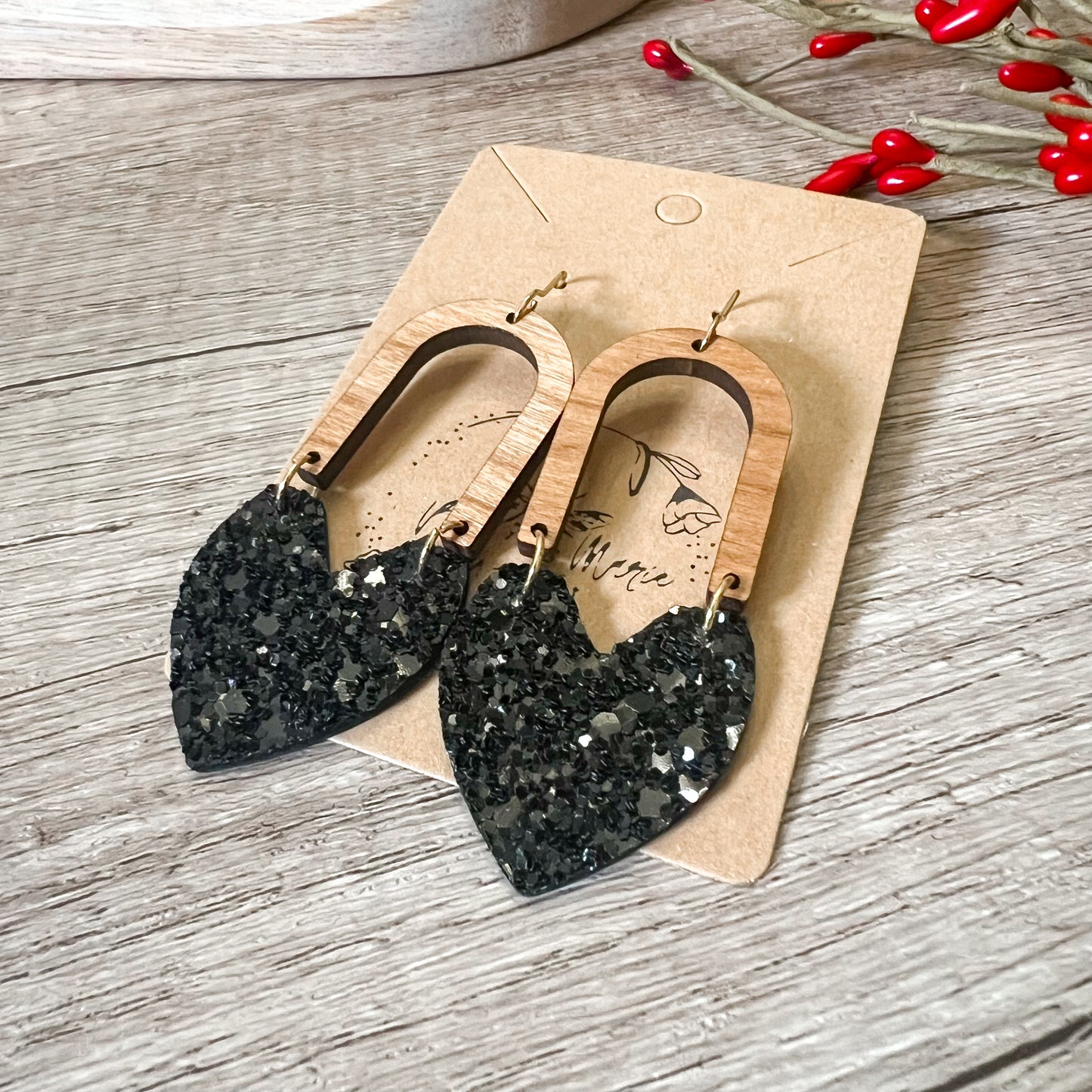Bianca Black Glitter Heart & Arch Earrings