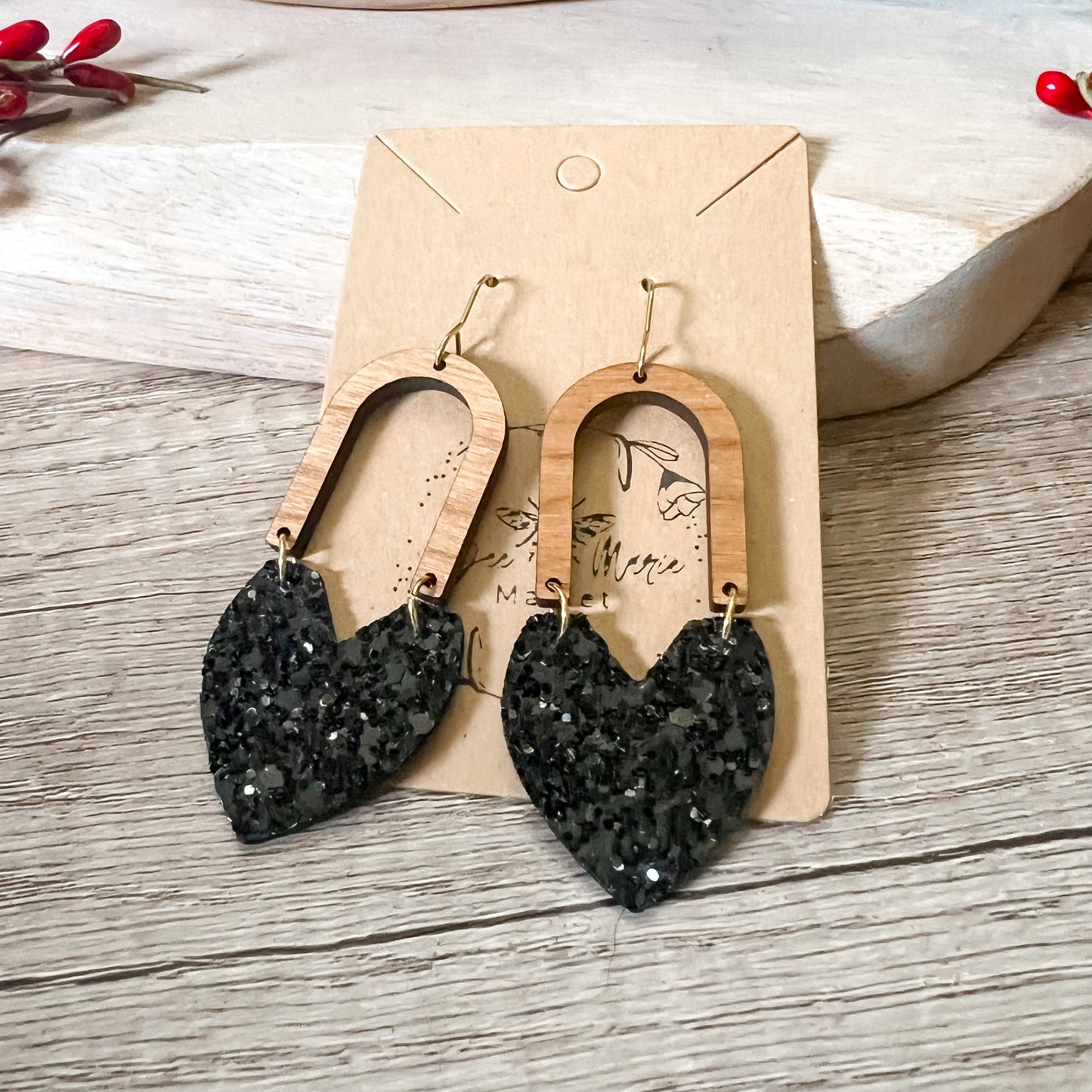 Bianca Black Glitter Heart & Arch Earrings