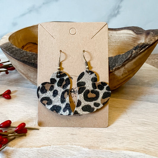 Handmade Genuine Leather Valentine Heart Love Leopard Print Earrings