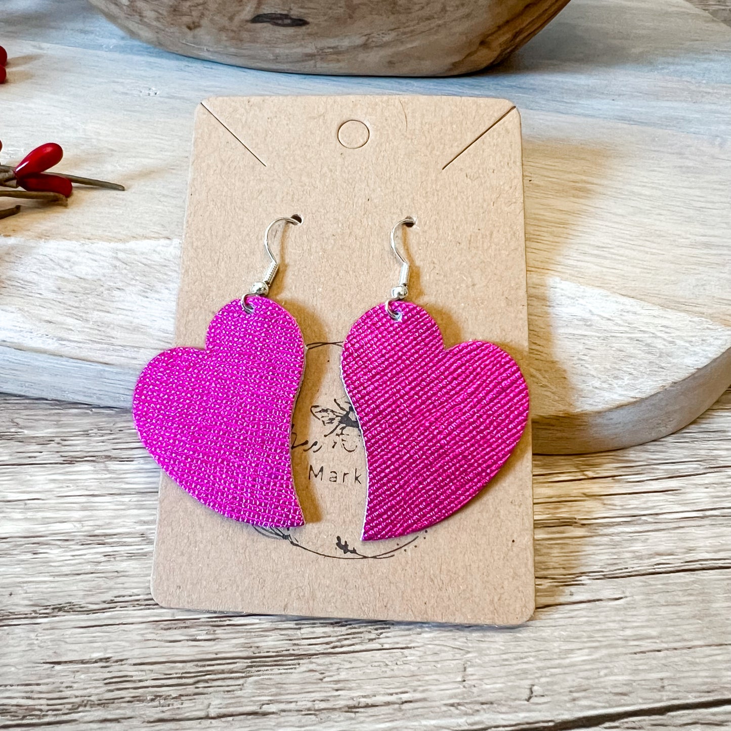 Handmade Genuine Leather Valentine Heart Love Pink Shimmer Earrings