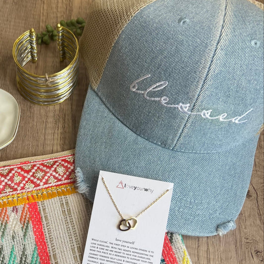 Light Denim Blessed Script Embroidered Trucker Hat