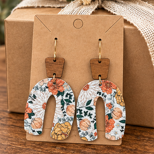 Autumn floral wood top open arch earrings styled with a gift box