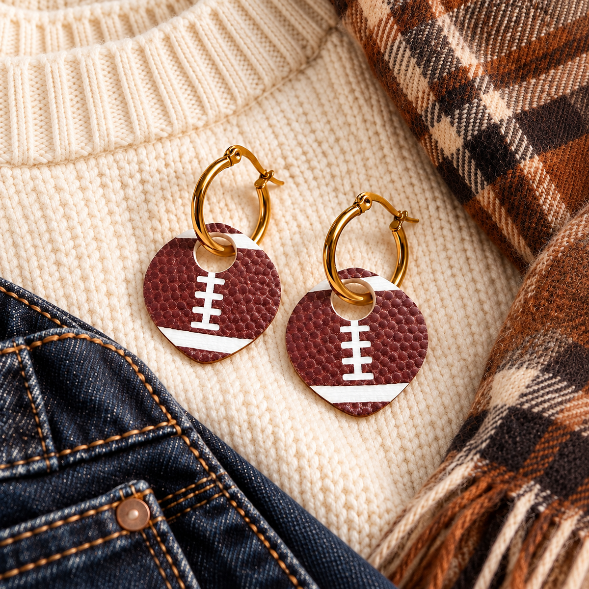 Football hoop earrings styled with a cream sweater, plaid scarf, and dark denim